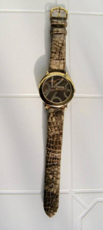 LST 3 6 9 12 Gold/Copper Watch with rhinestones, snake skin look strap