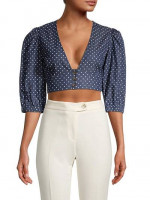 NWT BCBG Max Azria Puff-Sleeve Polka Dot Cropped Top Dark Navy XS