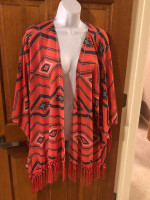 New Women’s L/XL Sheer Coral Print Kimono Top with Fringe