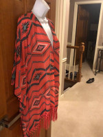 New Women’s L/XL Sheer Coral Print Kimono Top with Fringe