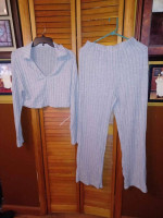 Casual ribbed two pieces set The neck long sleep crop top and pants