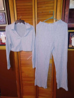 Casual ribbed two pieces set The neck long sleep crop top and pants