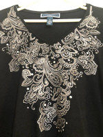 Womens black top with embroidery & rhinestones on the front. XL