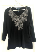 Womens black top with embroidery & rhinestones on the front. XL