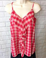 CAbi Amour Cami Medium Pink White Ruffle Check Front Tank Top #341