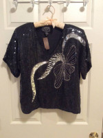 Vintage black and silver short sleeve v-neck sequin top size Large