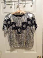 Vintage Silver and Black short sleeve sequin top size Large