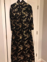 Vintage Black and Gold Asian Dress- Nehru collar- long sleeves-zipper