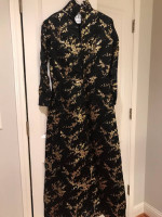 Vintage Black and Gold Asian Dress- Nehru collar- long sleeves-zipper