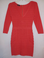 BEBE Women's Two Tone Deep V Bandage Ribbed Red Dress Sleeves NEW XS