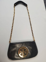 Tory Burch Gold Logo Black Bag Clutch Cross Body Purse Leather Chain