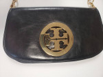 Tory Burch Gold Logo Black Bag Clutch Cross Body Purse Leather Chain