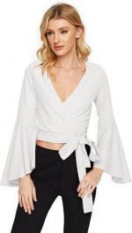 XL SweatyRocks Women's Long Sleeve V Neck Tie Knot Bandage Wrap Blouse