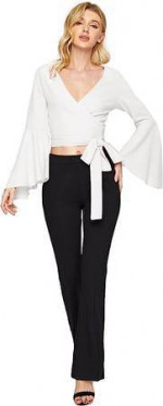 XL SweatyRocks Women's Long Sleeve V Neck Tie Knot Bandage Wrap Blouse