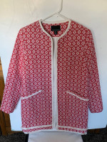 Cynthia Rowley Red/White Diamond Print Long Open Front Blazer Jacket S