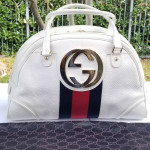 Rare Limited Edition Gucci Web GG XL Blondie pebbled leather boston ha