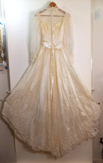 House of Bianchi Ivory Vintage High Neck Long Train Lace Wedding Dress