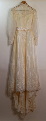 House of Bianchi Ivory Vintage High Neck Long Train Lace Wedding Dress