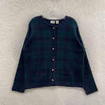Classic Elements Navy Blue Green Plaid Knit Preppy Cardigan Womens L -