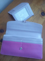 Pink Genuine Leather Wallet Double Snap Trifold Checkbook Coin Purse