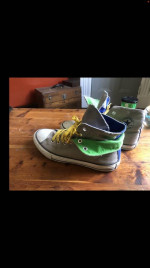 Converse / chucks. Men’s size 4. Women’s size 6. Grey blue and lime gr