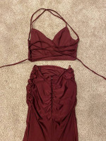 La Femme 2-Piece Maroon, Red, Berry Lace Up Prom Dress