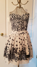 FAUST (Paris) Blue & White Strapless Dress (lined) bow tie waist LARGE