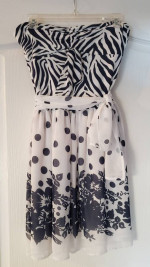 FAUST (Paris) Blue & White Strapless Dress (lined) bow tie waist LARGE