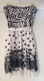FAUST (Paris) Blue & White Strapless Dress (lined) bow tie waist LARGE