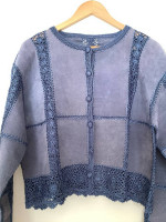 Ladies Cardigan Jacket, Blue Suede & Crochet