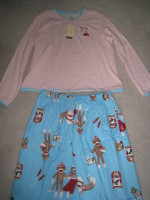 New w Tags: 2-Pc Pajamas Set, Pink w Flannel, Sock Hop Monkeys, Size L