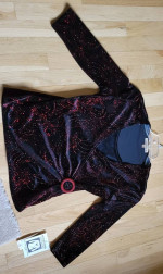 Dressy 3/4 sleeve red-sparkles-on-black holiday top. NEW