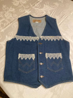 L@@K! Wrangler Women’s Blue Jean Denim Vest with Lace Trim Size M - Rodeo Time