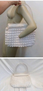 VTG Handmade Crochet Bobble Purse Tote Bag Acrylic Handles Pink Floral