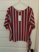 Red, White & Navy Blue Lady's Blouse with cape-like sleeves - Sz Lg