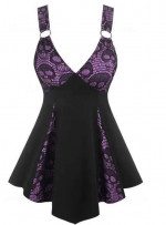Plus Size Tank Top Skull Lace Panel Godet Plunging Neck Gothic Tank To