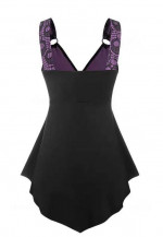 Plus Size Tank Top Skull Lace Panel Godet Plunging Neck Gothic Tank To