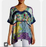 Johnny Was NEW Golding Graphic Print Silk Top Colorblock Floral Sz  L