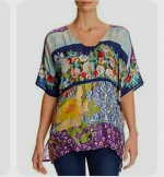 Johnny Was NEW Golding Graphic Print Silk Top Colorblock Floral Sz  L