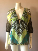 Milly of New York S Silk Blouse Top Deep V-Neck Blue Green Lined Resort GUC