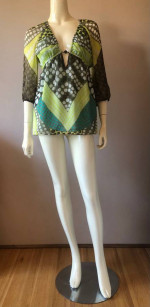 Milly of New York S Silk Blouse Top Deep V-Neck Blue Green Lined Resort GUC