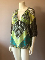 Milly of New York S Silk Blouse Top Deep V-Neck Blue Green Lined Resort GUC