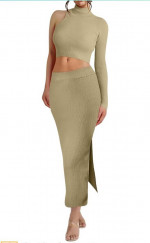 Allytok 2 Piece Outfits for Women Long Sleeve Crop Top Slit Bodycon Mi