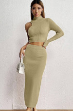 Allytok 2 Piece Outfits for Women Long Sleeve Crop Top Slit Bodycon Mi