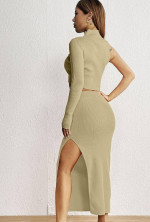 Allytok 2 Piece Outfits for Women Long Sleeve Crop Top Slit Bodycon Mi