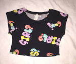 Mezzanine black crop top sz M bright colors GIRL pattern SO CUTE!