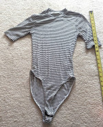 Womens HEART & HIPS BODYSUIT TOP M white black stripe workout leotard