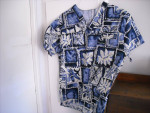 Scrubs Top: "BATIK", Blue and Cream (Hawaiian, Tropical)