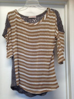 WOODLEIGH STRIPED TOP w GRAY CROCHET KNIT BACK Sz Small