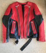 Authentic Balmain x H&M Black Red Leather Moto Jacket 36R